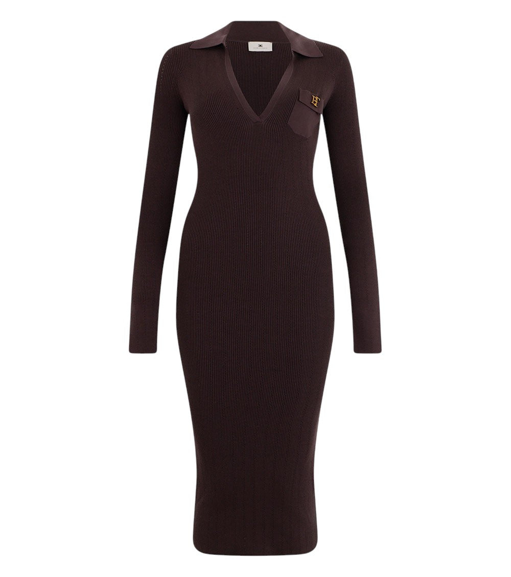 Brown Knitted V Neck Midi Dress 1