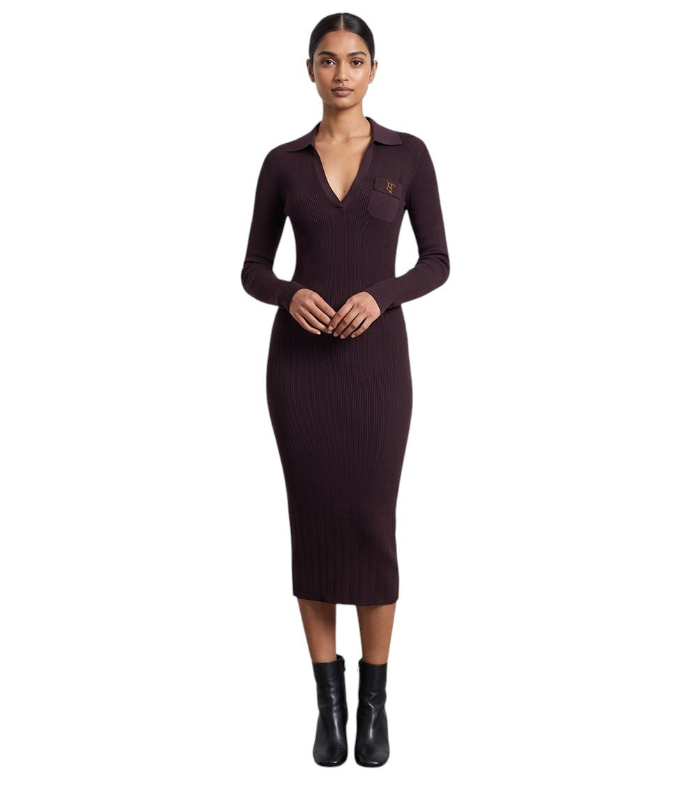 Brown Knitted V Neck Midi Dress 3