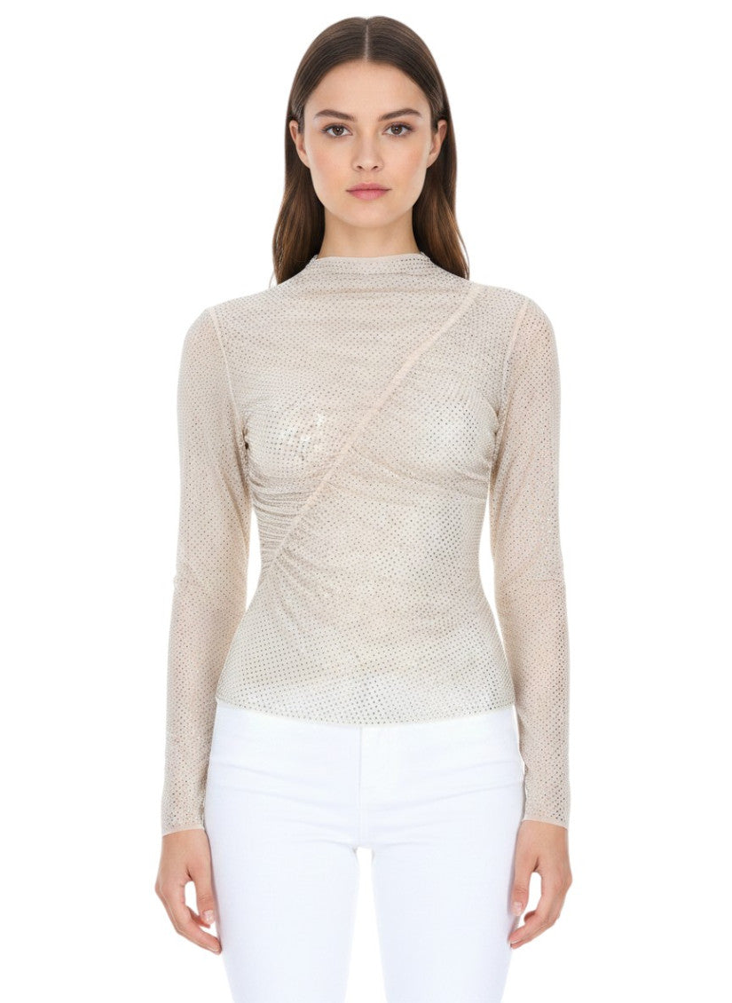 Beige Embellished Mock Collar Top 1