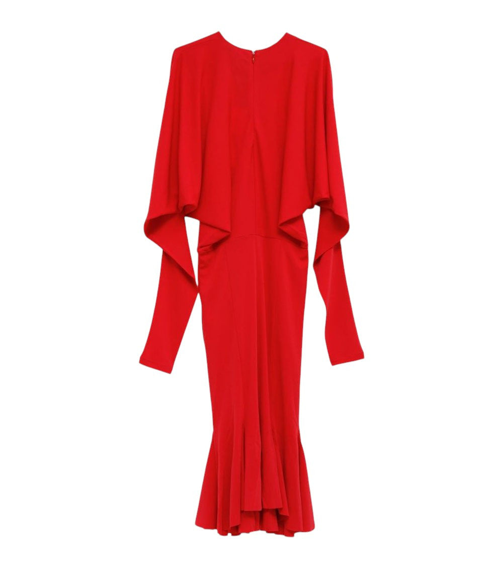 Red Solid Round Neck Midi Dress 2