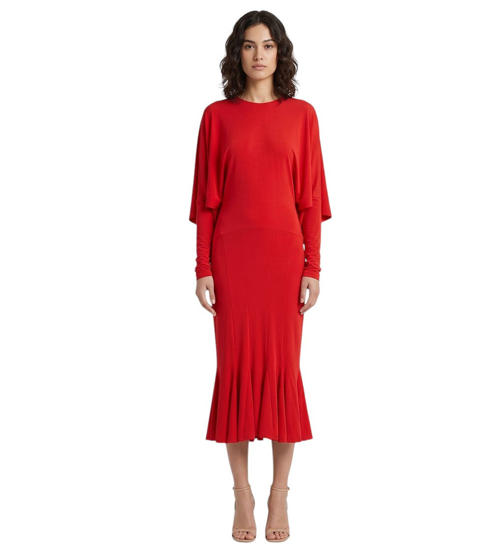 Red Solid Round Neck Midi Dress 3