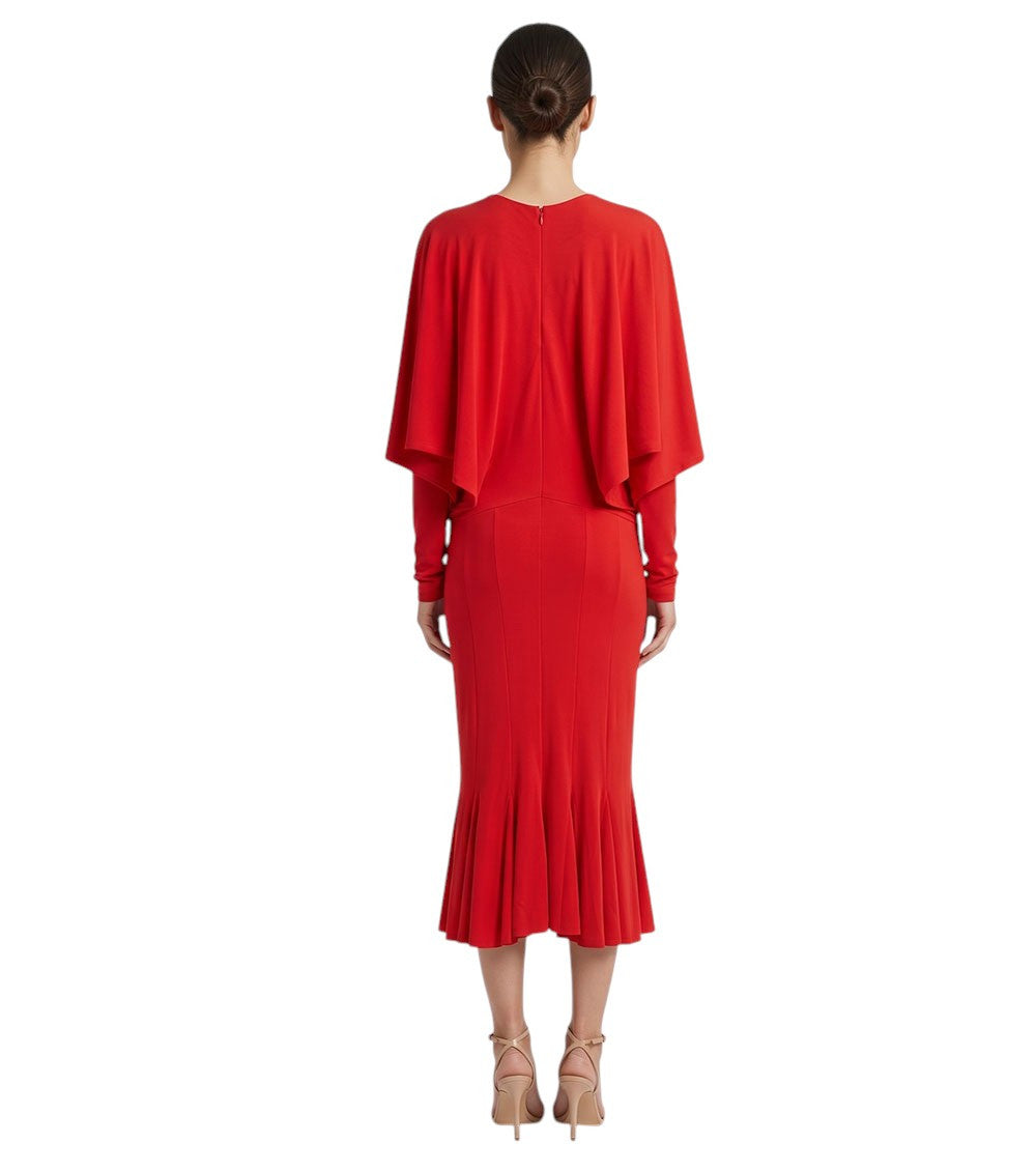 Red Solid Round Neck Midi Dress 4