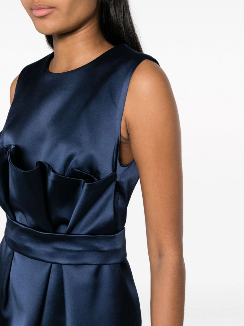 Navy Blue Satin Belted Sleveless Minidress 5