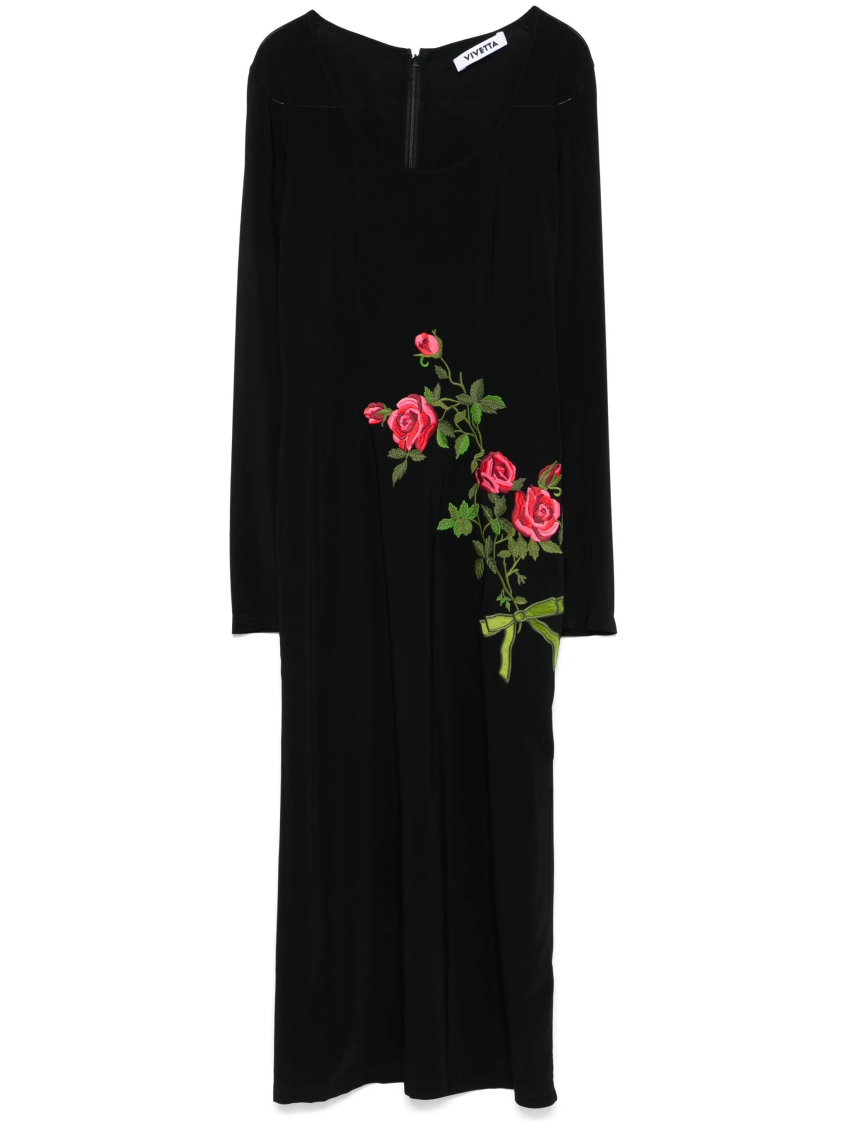 Black floral-embroidered midi dress 1