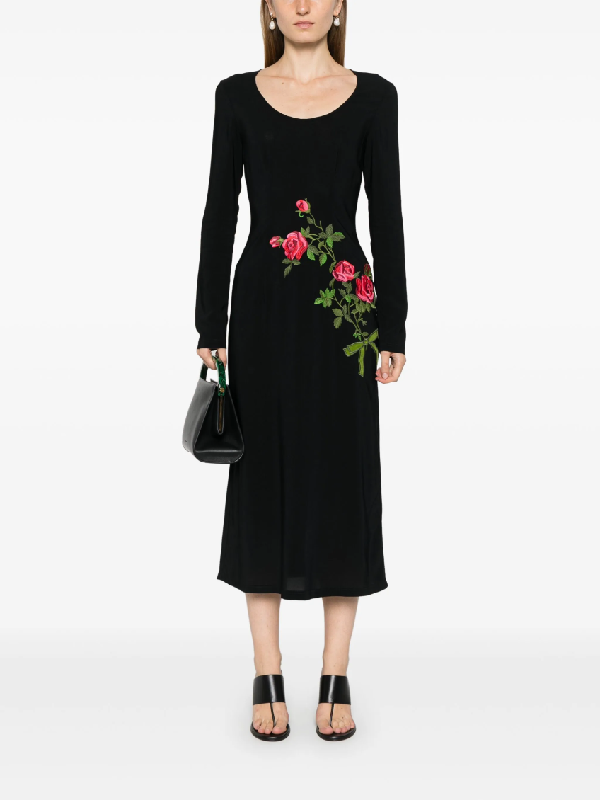 Black floral-embroidered midi dress 2
