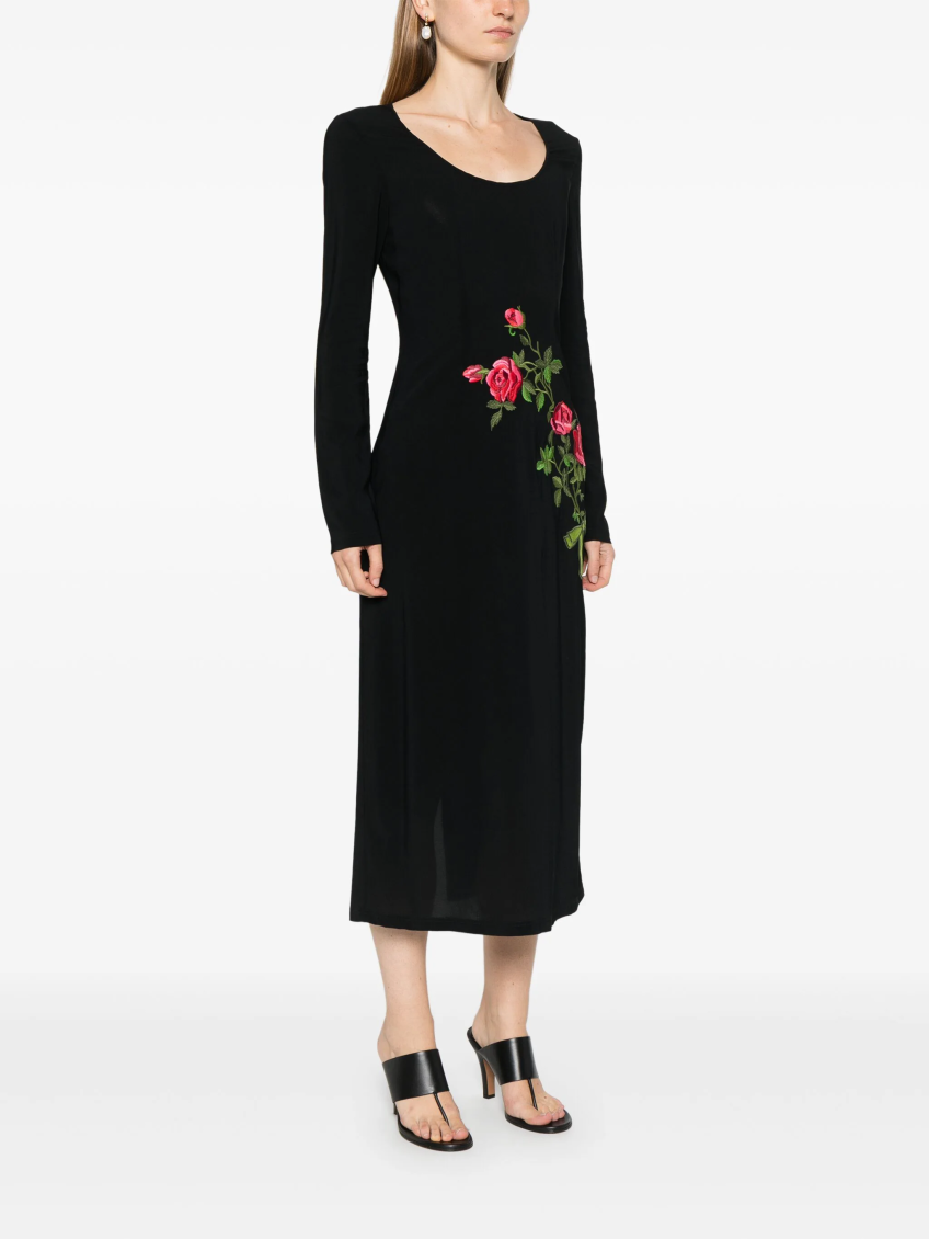 Black floral-embroidered midi dress 3