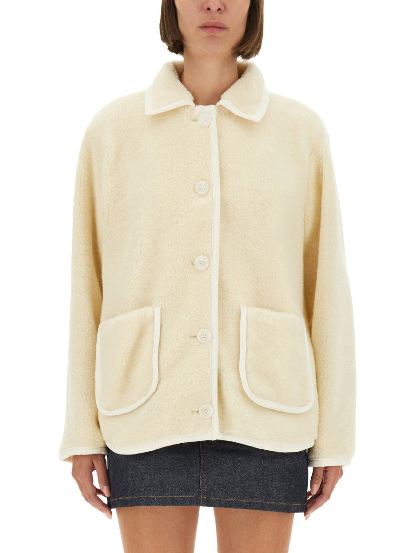 White Solid Shirt Collar Jacket 1