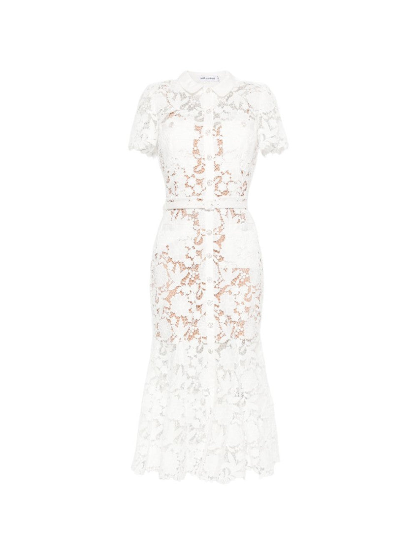 White Lace Shirt Collar Midi Dress 1