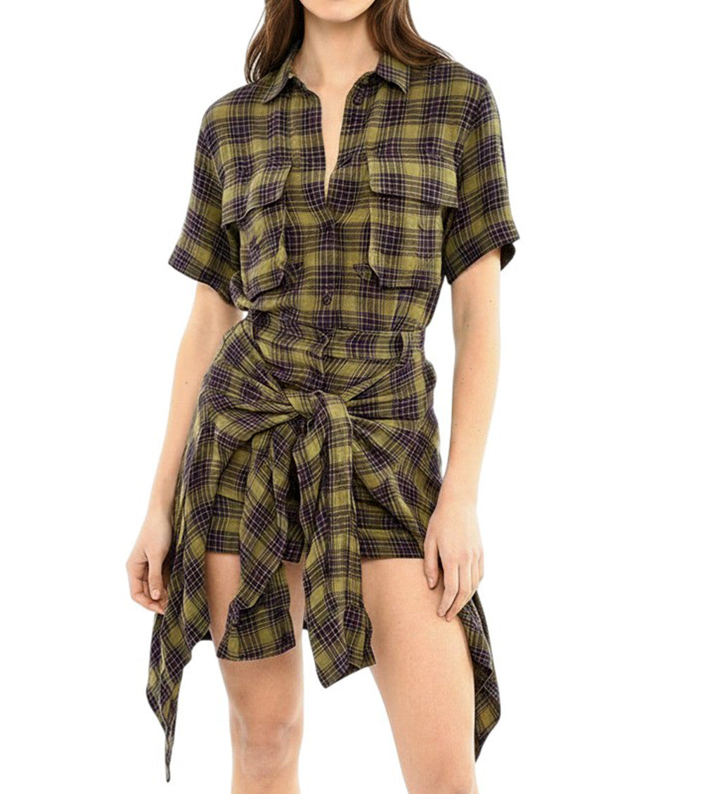Green Checks Shirt Collar Mini Dress 1