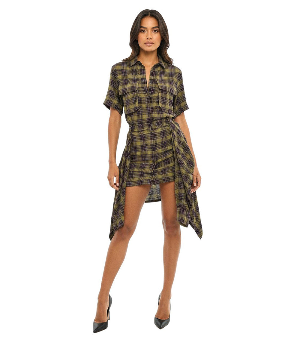 Green Checks Shirt Collar Mini Dress 3