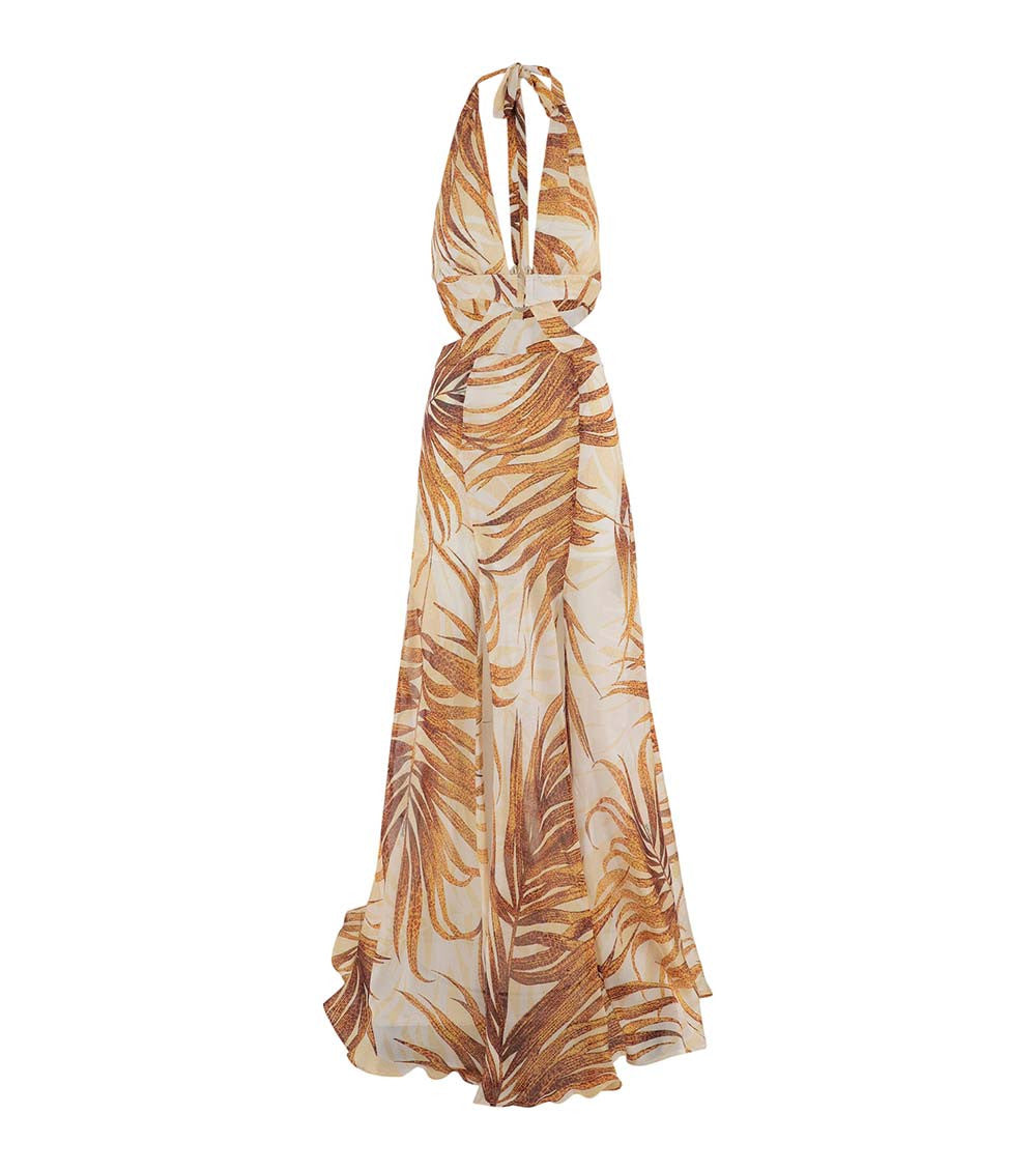 Beige Printed Halter Neck Maxi Dress 1