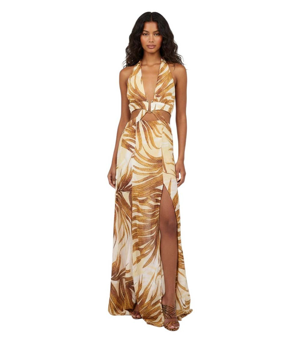 Beige Printed Halter Neck Maxi Dress 3