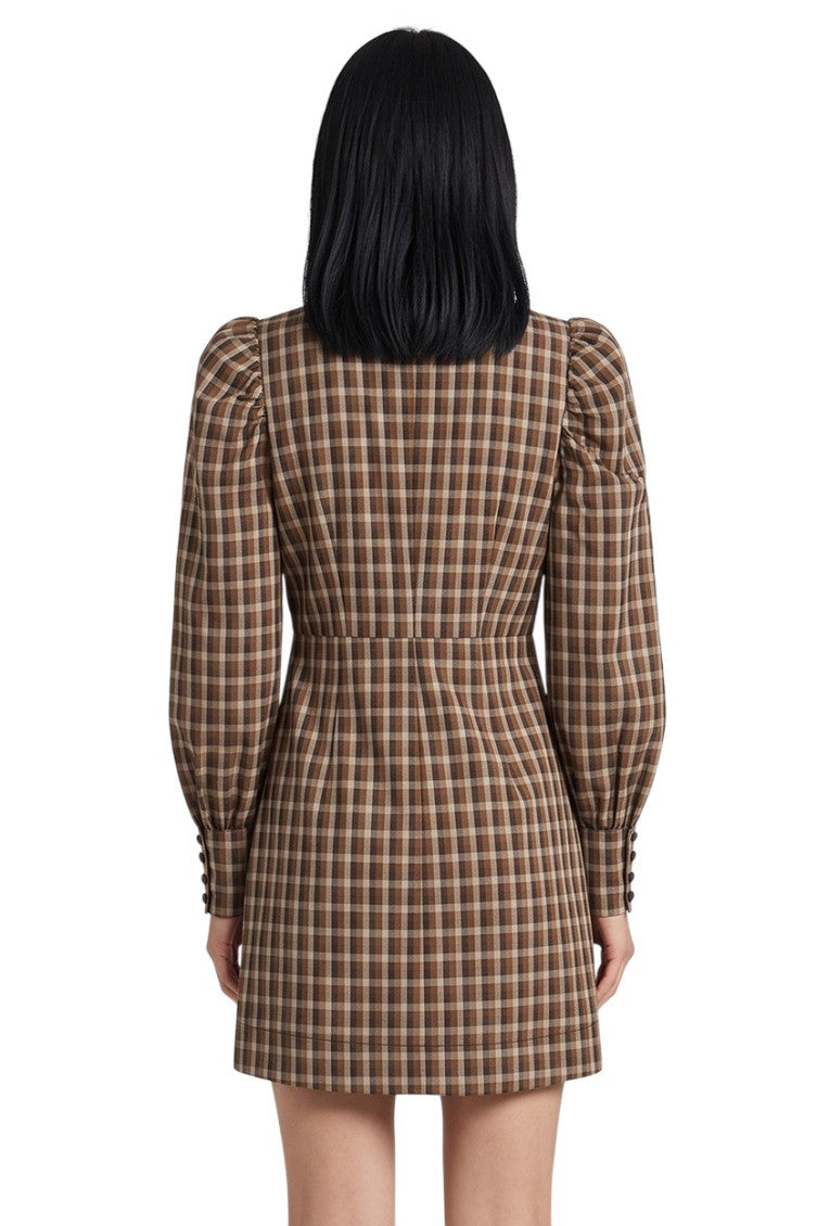 Brown Checks Round Neck Mini Dress 2