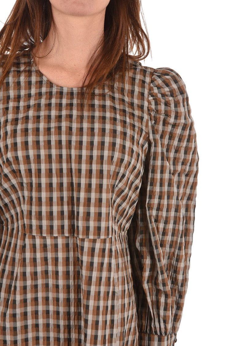 Brown Checks Round Neck Mini Dress 3