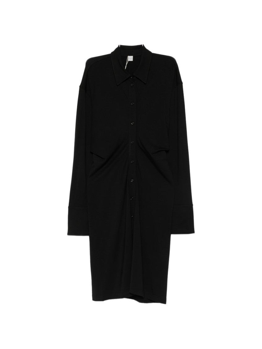 Black Shirt Collar Knee Length Dress 1
