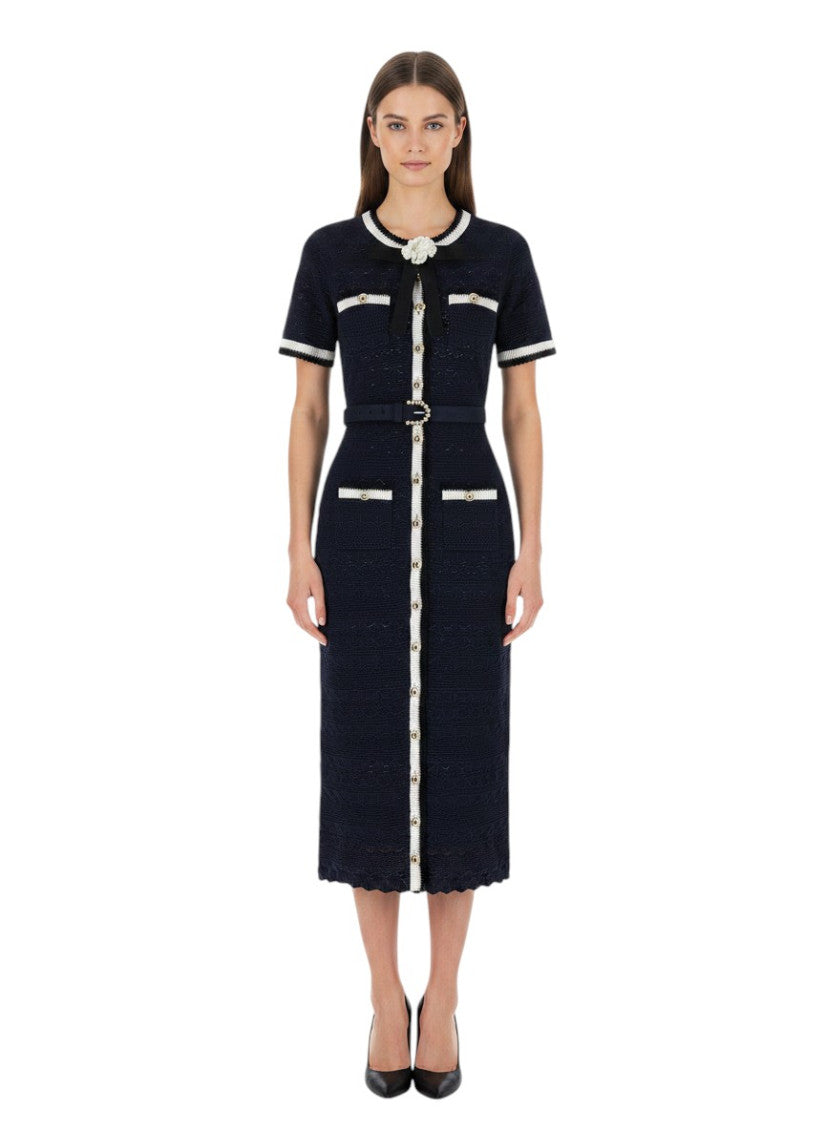 Black Round Neck Textured Midi Dress 1