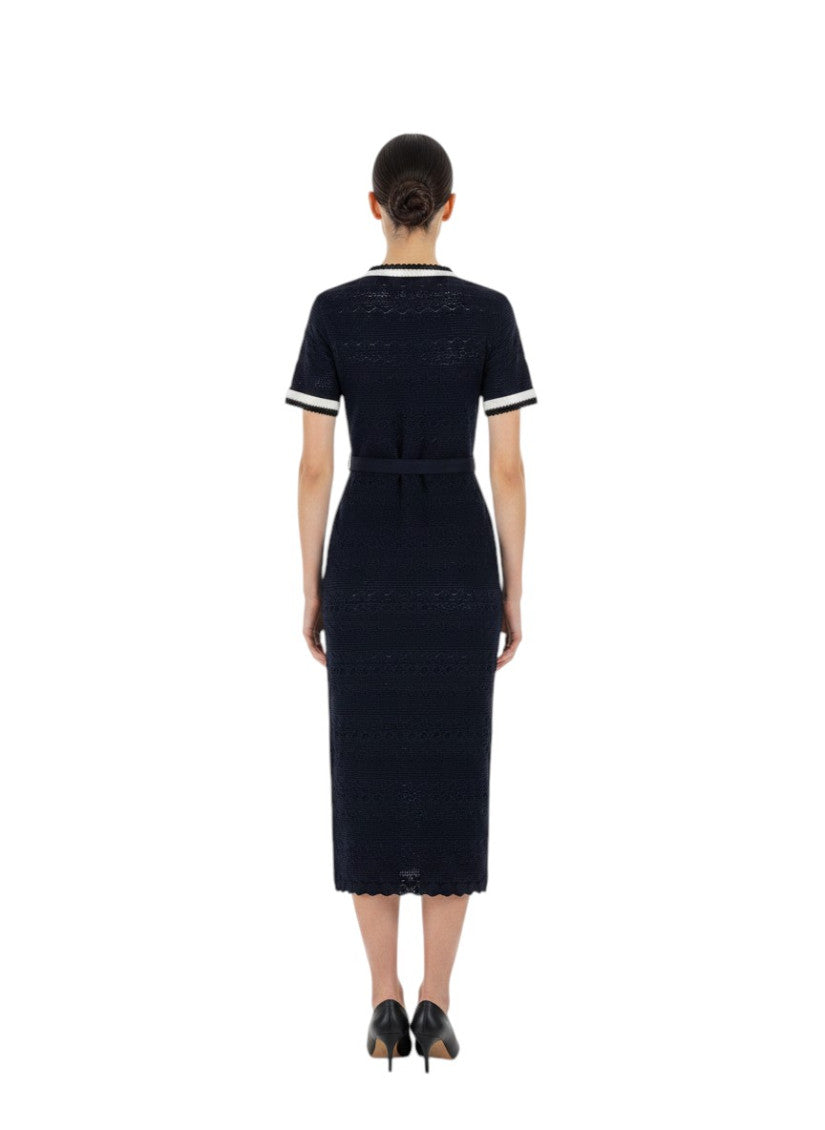 Black Round Neck Textured Midi Dress 2