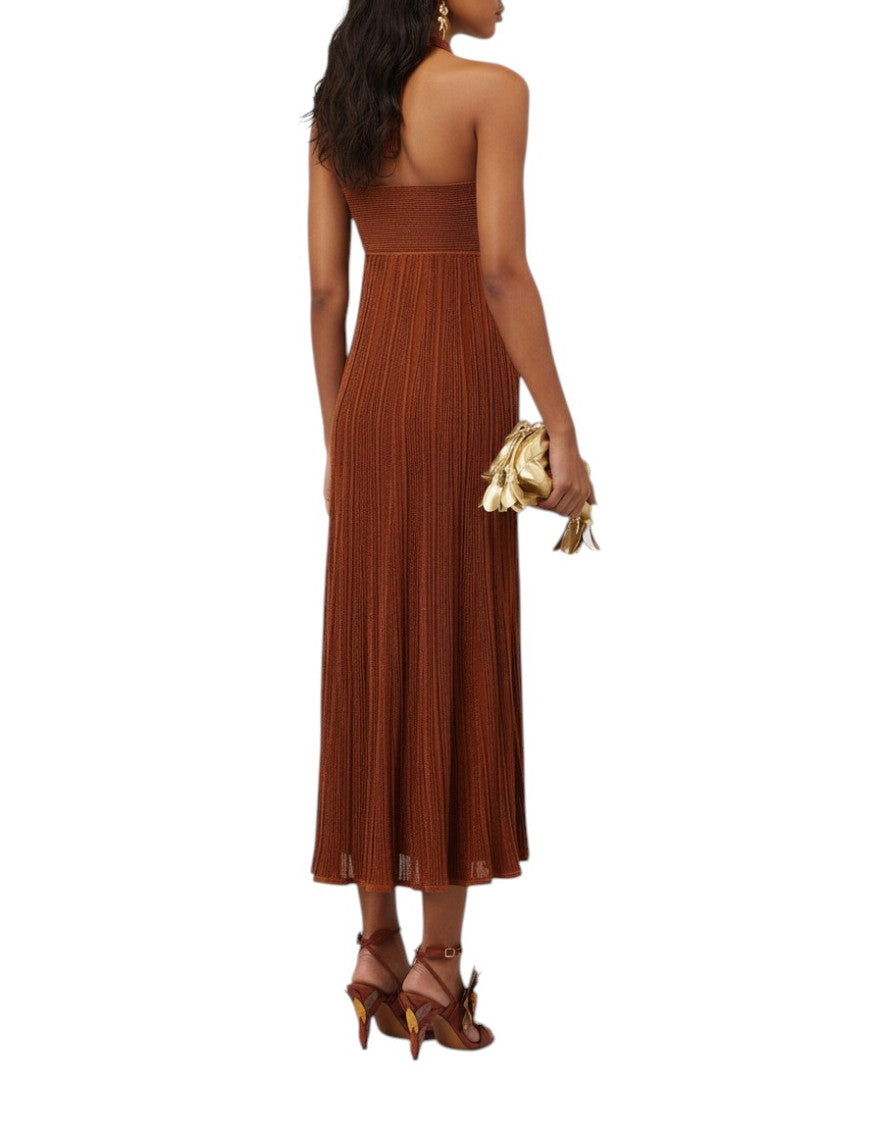 Brown Pleated Halter Neck Maxi Dress 2