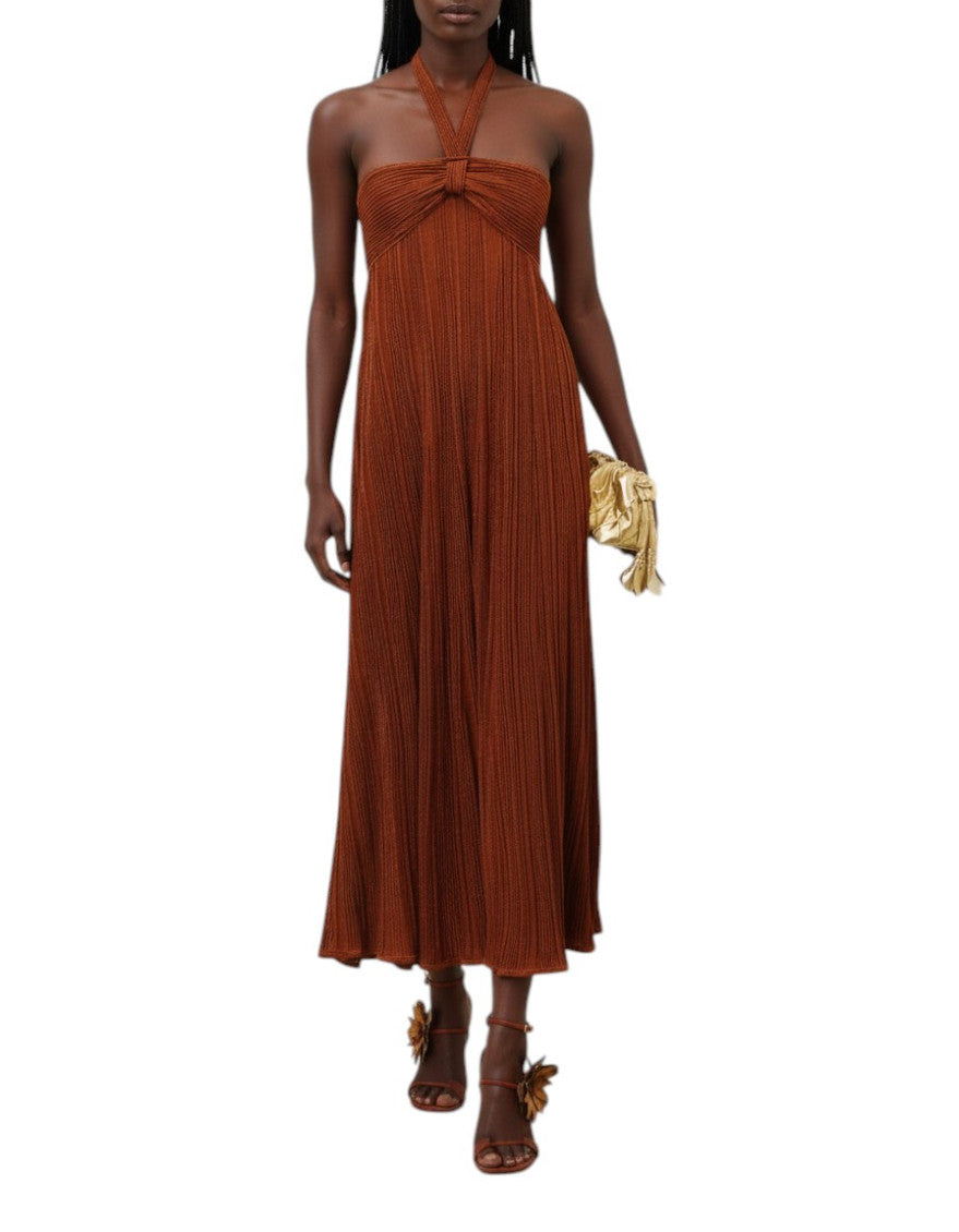 Brown Pleated Halter Neck Maxi Dress 3