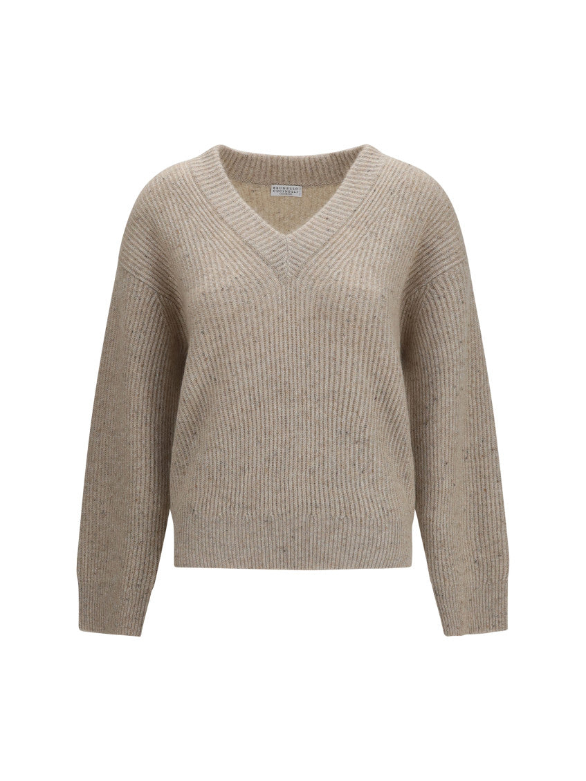 Beige Knitted V Neck Sweater 1