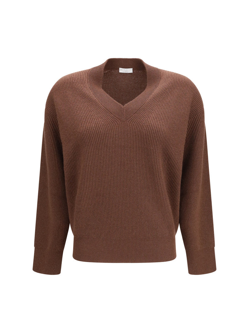 Brown Knitted V Neck Sweater 1
