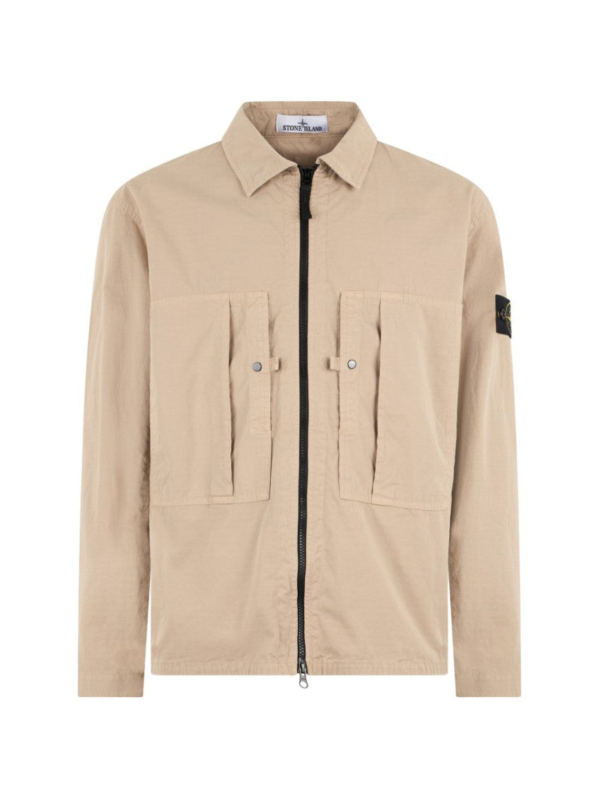 Beige Solid Zip Up Overshirt 1