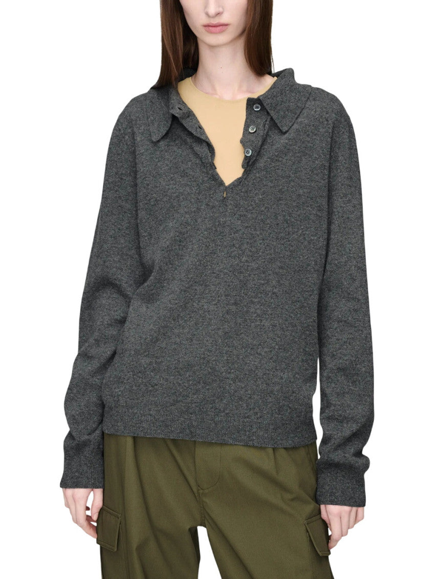 Grey Solid Shirt Collar Sweater 2