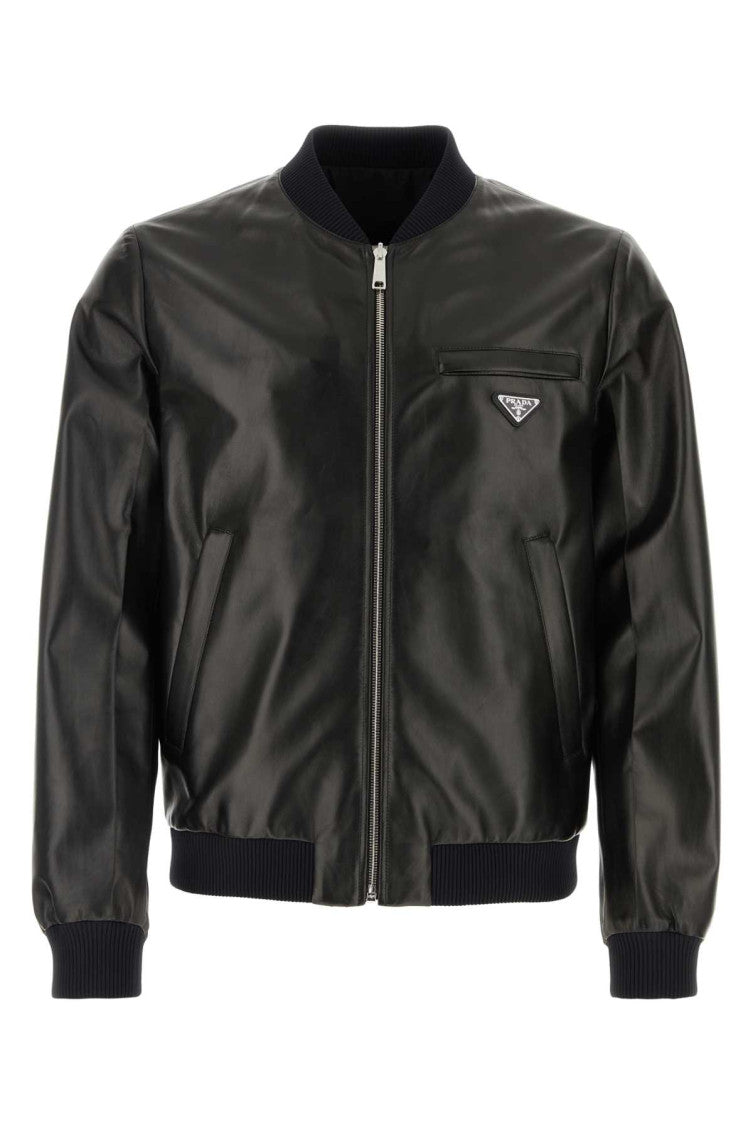 Black Triangle Logo Leather Reversible Bomber Jacket 1