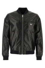 Black Triangle Logo Leather Reversible Bomber Jacket 1