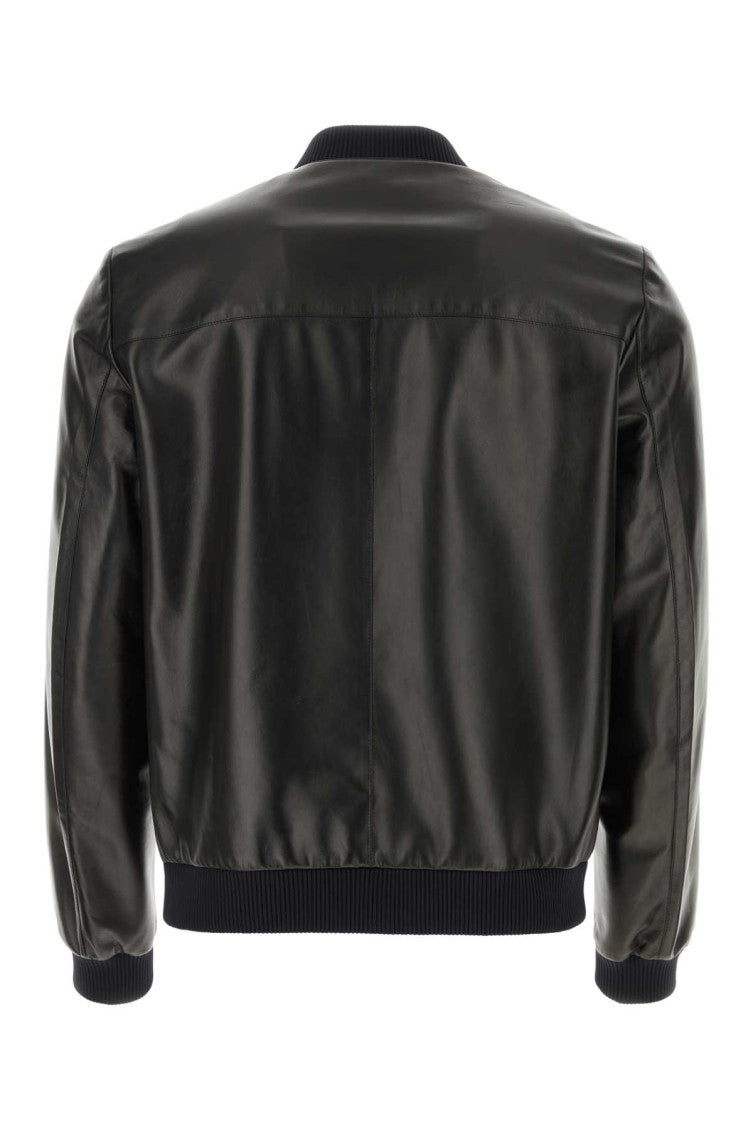 Black Triangle Logo Leather Reversible Bomber Jacket 2