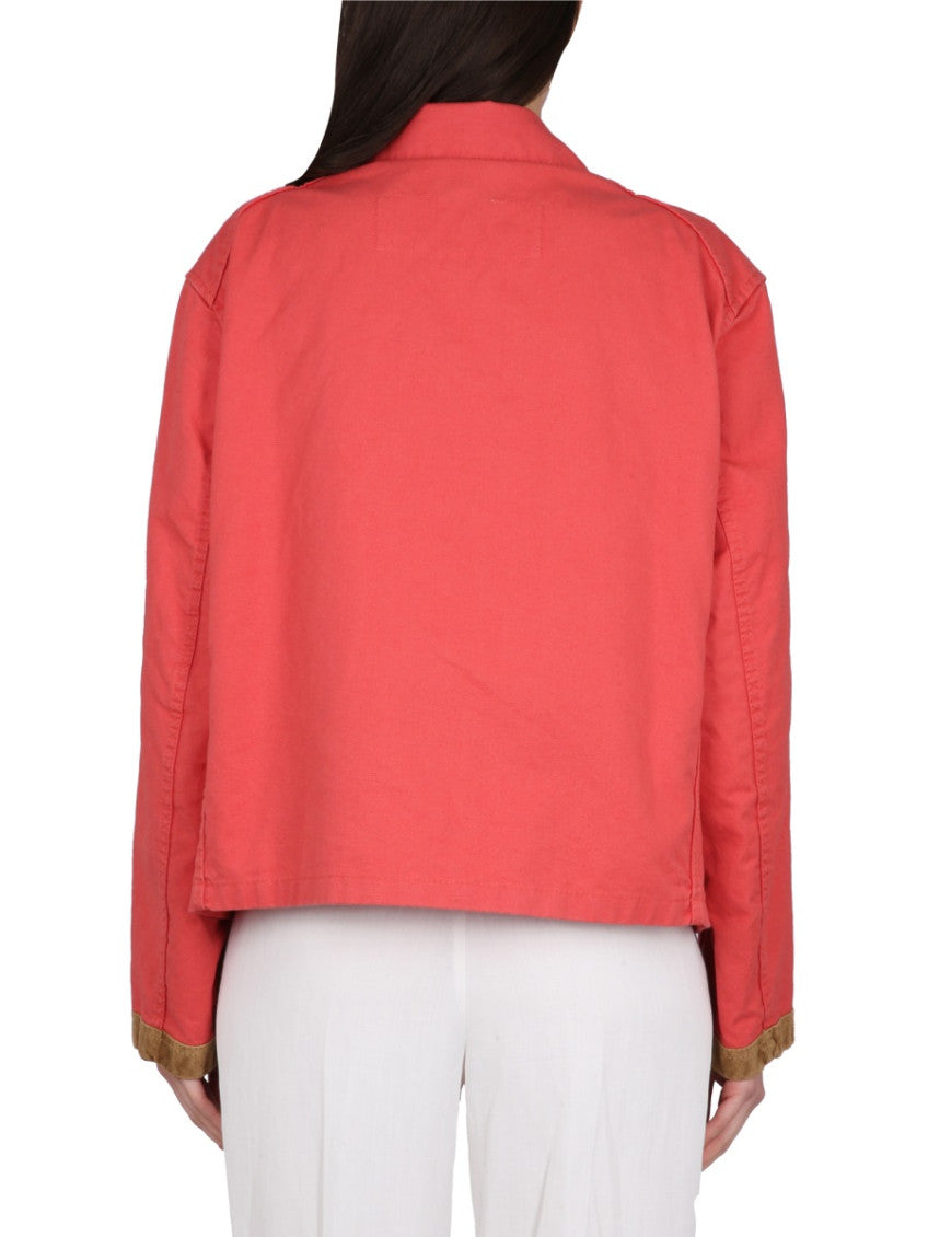 Red Solid Shirt Collar Jacket 2