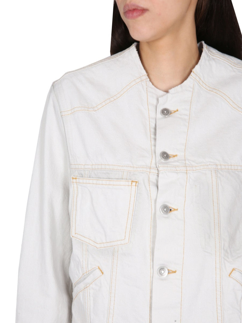 White Solid Band Collar Jacket 3