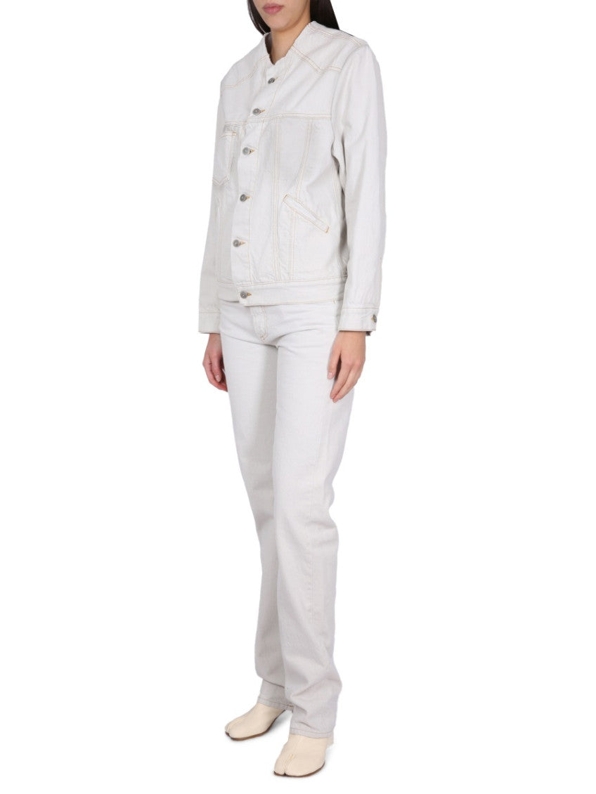 White Solid Band Collar Jacket 4