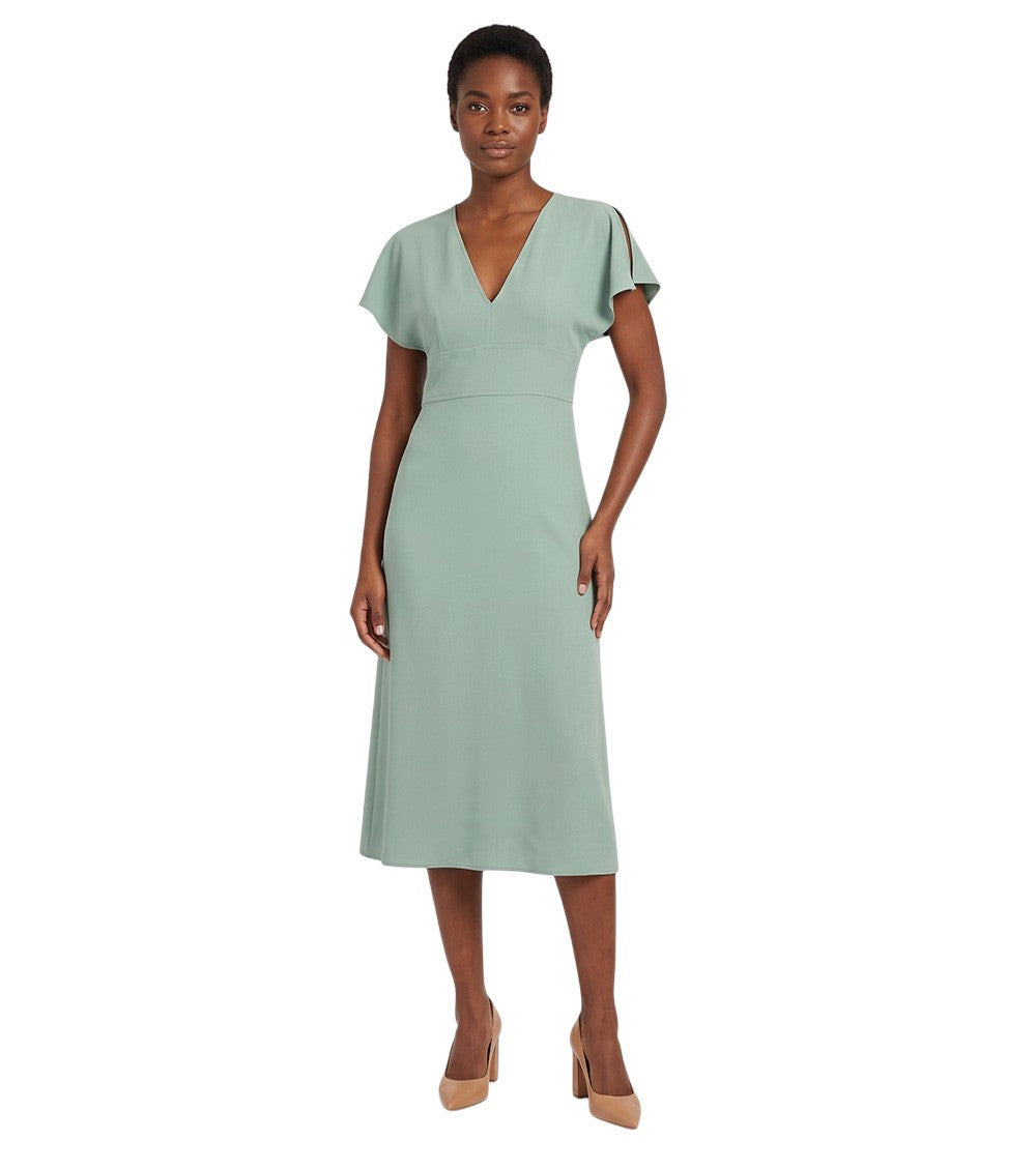 Green Solid V Neck Midi Dress 1