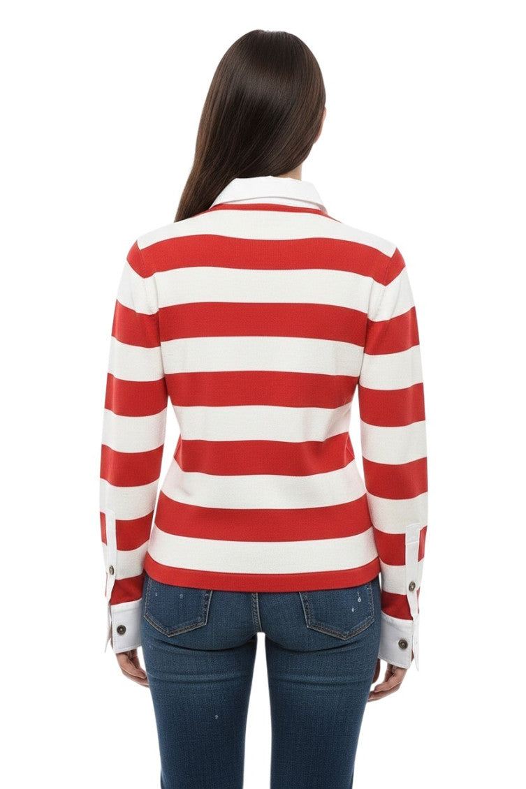 Red Stripes Shirt Collar Sweater 2