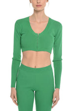 Green Solid V Neck Crop Cardigan 1