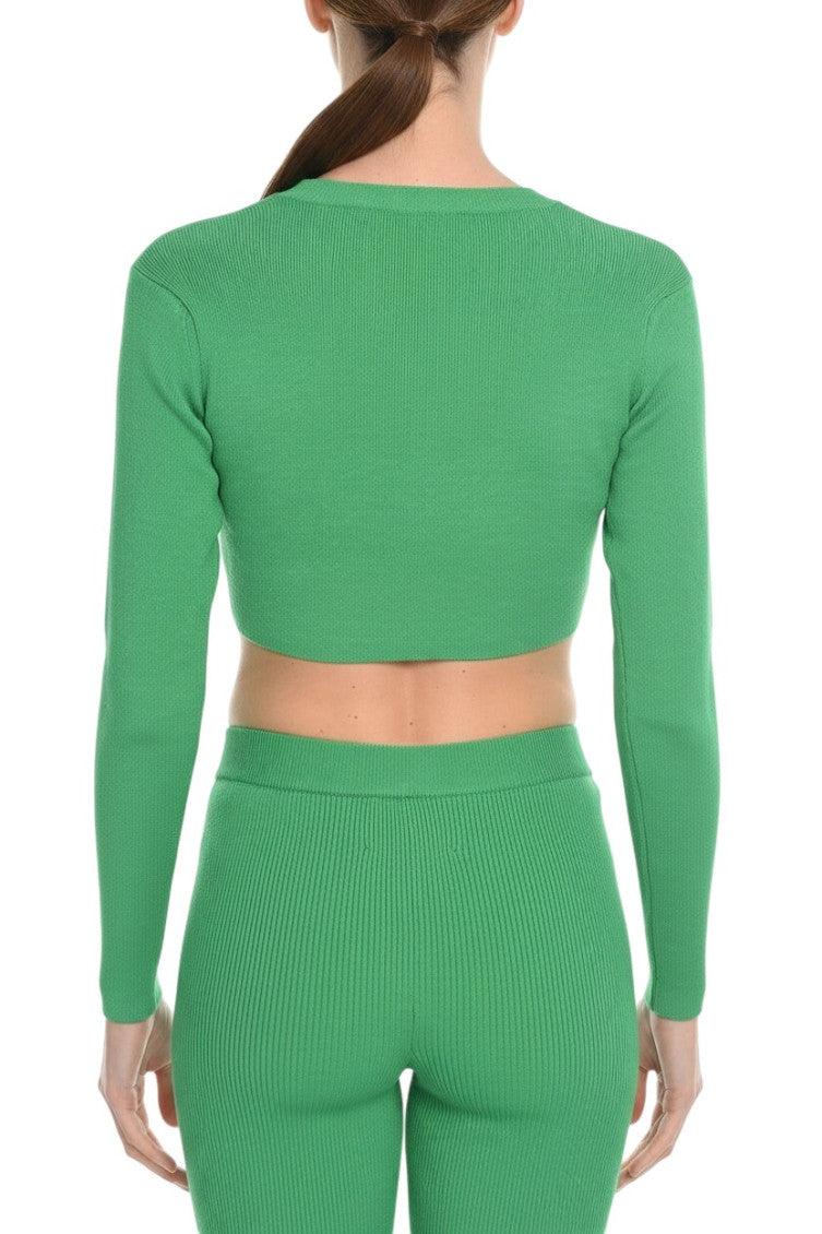 Green Solid V Neck Crop Cardigan 2