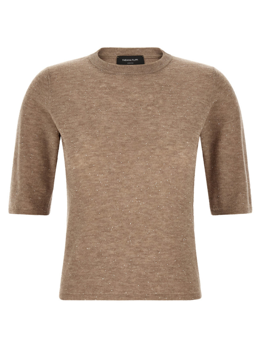 Light Brown Embellished Round Neck T-Shirt 1