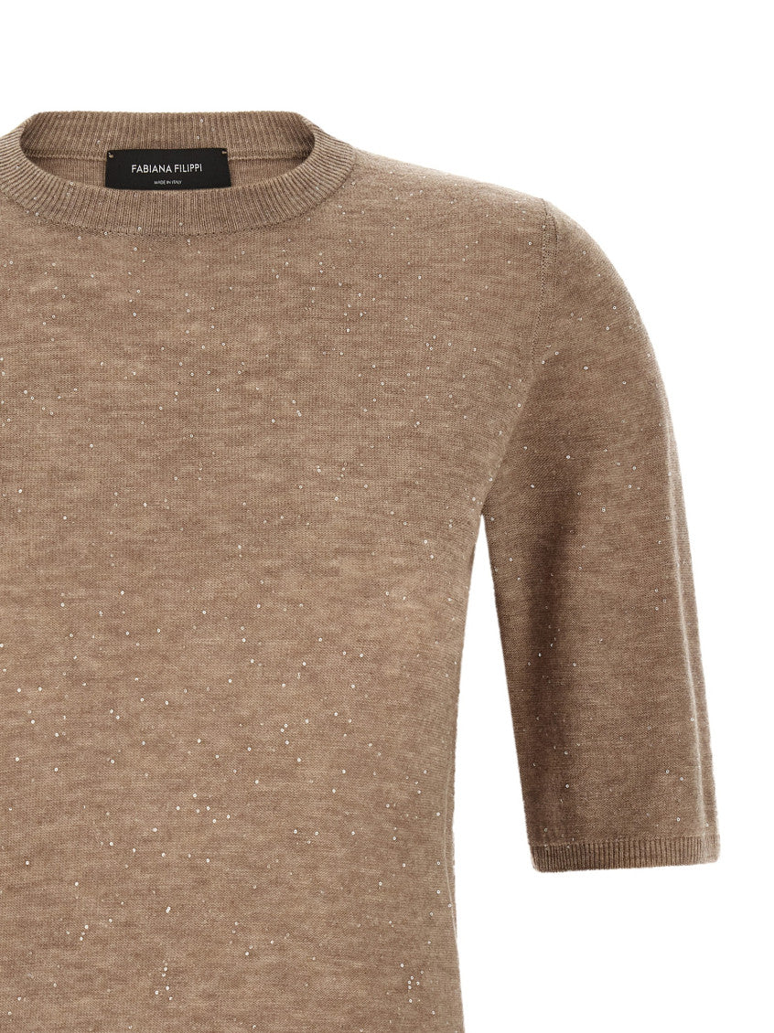 Light Brown Embellished Round Neck T-Shirt 3