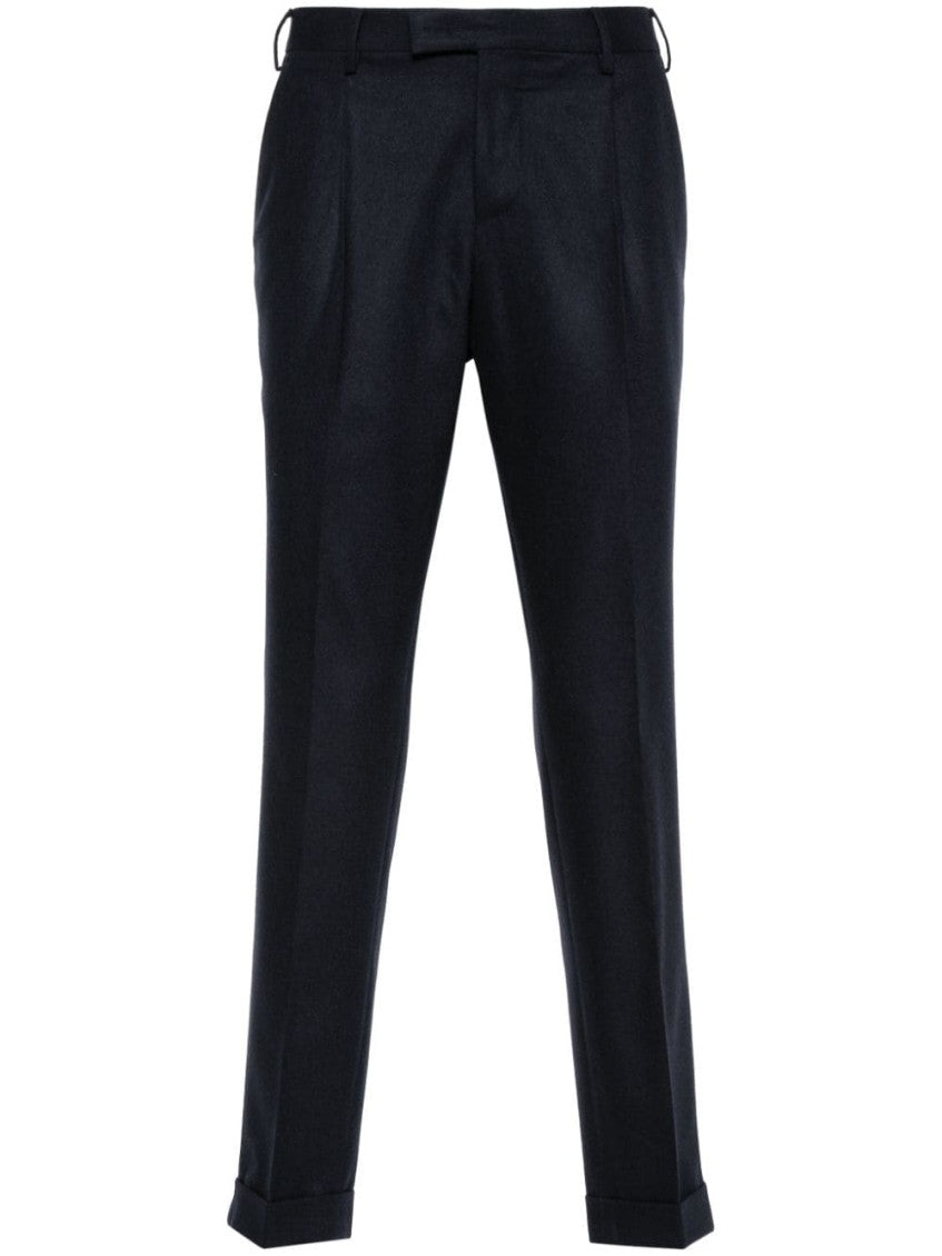 Blue Wool Blend Brushed Effect Pleat Pants 1