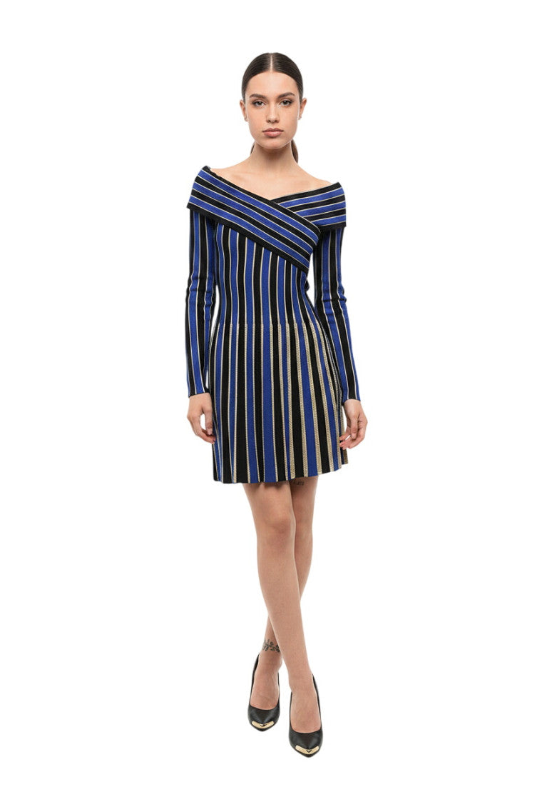 Blue Stripes Off Shoulder Mini Dress 1