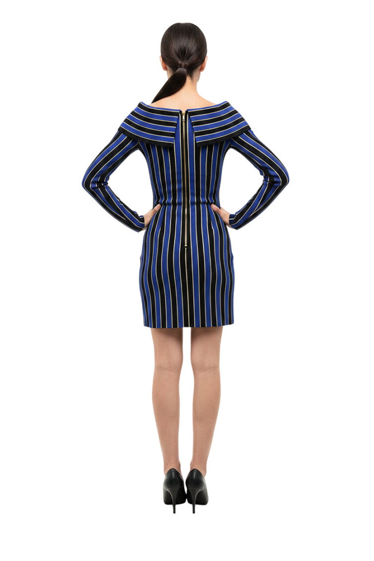 Blue Stripes Off Shoulder Mini Dress 2