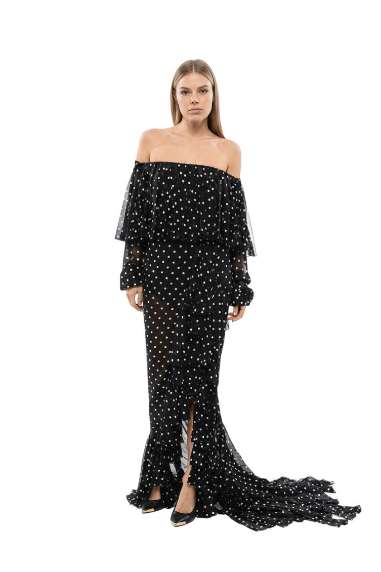 Black Polka Dot Off Shoulder Maxi Dress 1