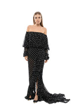 Black Polka Dot Off Shoulder Maxi Dress 1