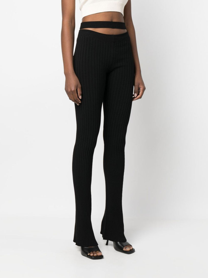 Black Ribbed Knit Cut-out Flared Trousers 2