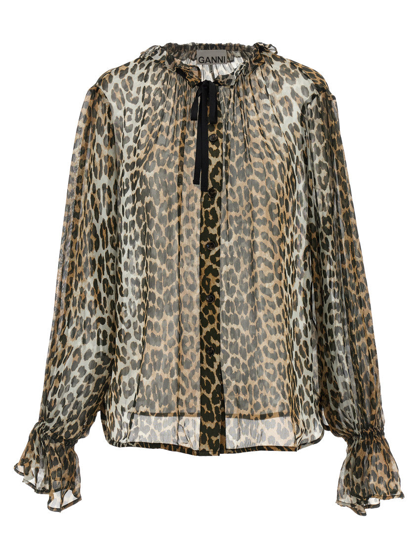 Leopard Print Chiffon Tie String Shirt 1