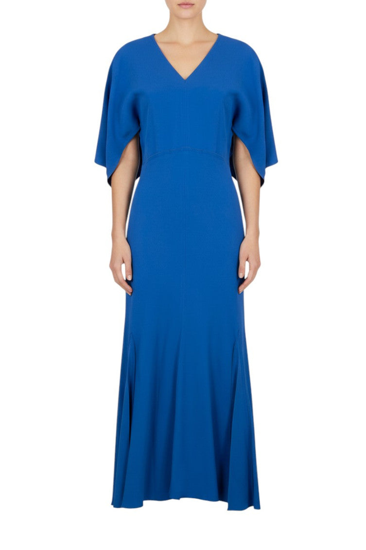 Blue Solid V Neck Maxi Dress 1