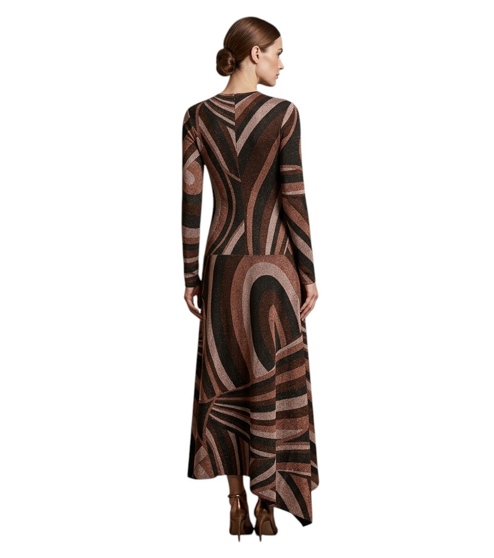 Multicolour Brown Round Neck Midi Dress 2