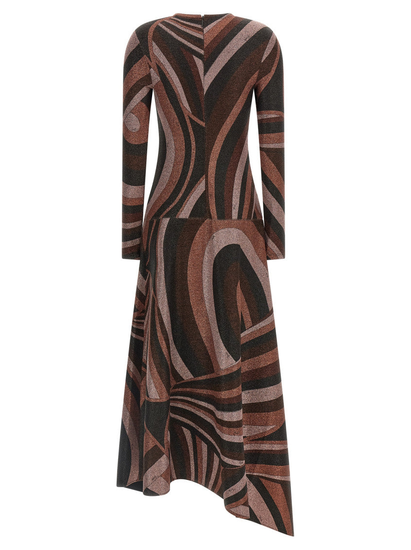 Multicolour Brown Round Neck Midi Dress 4