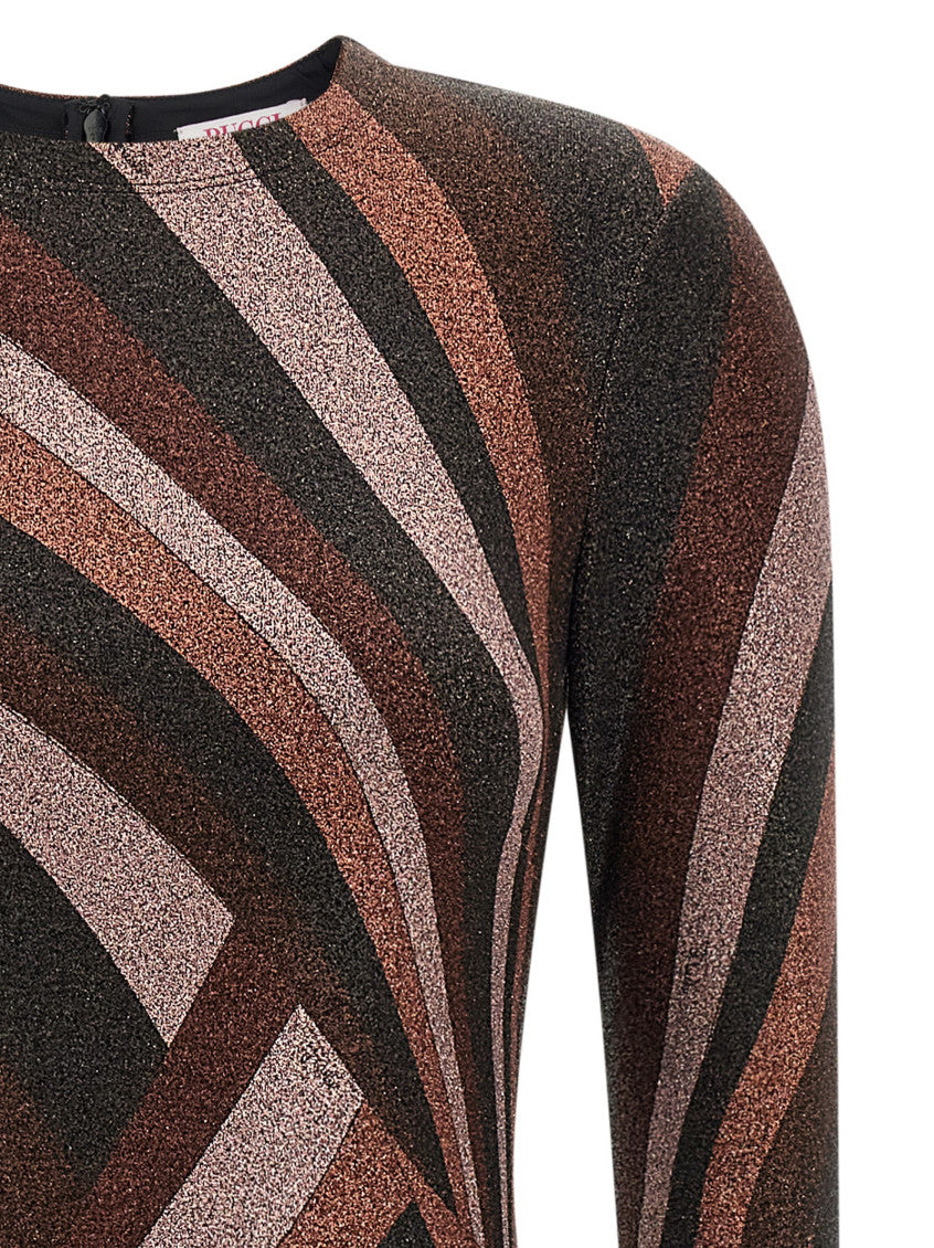 Multicolour Brown Round Neck Midi Dress 5
